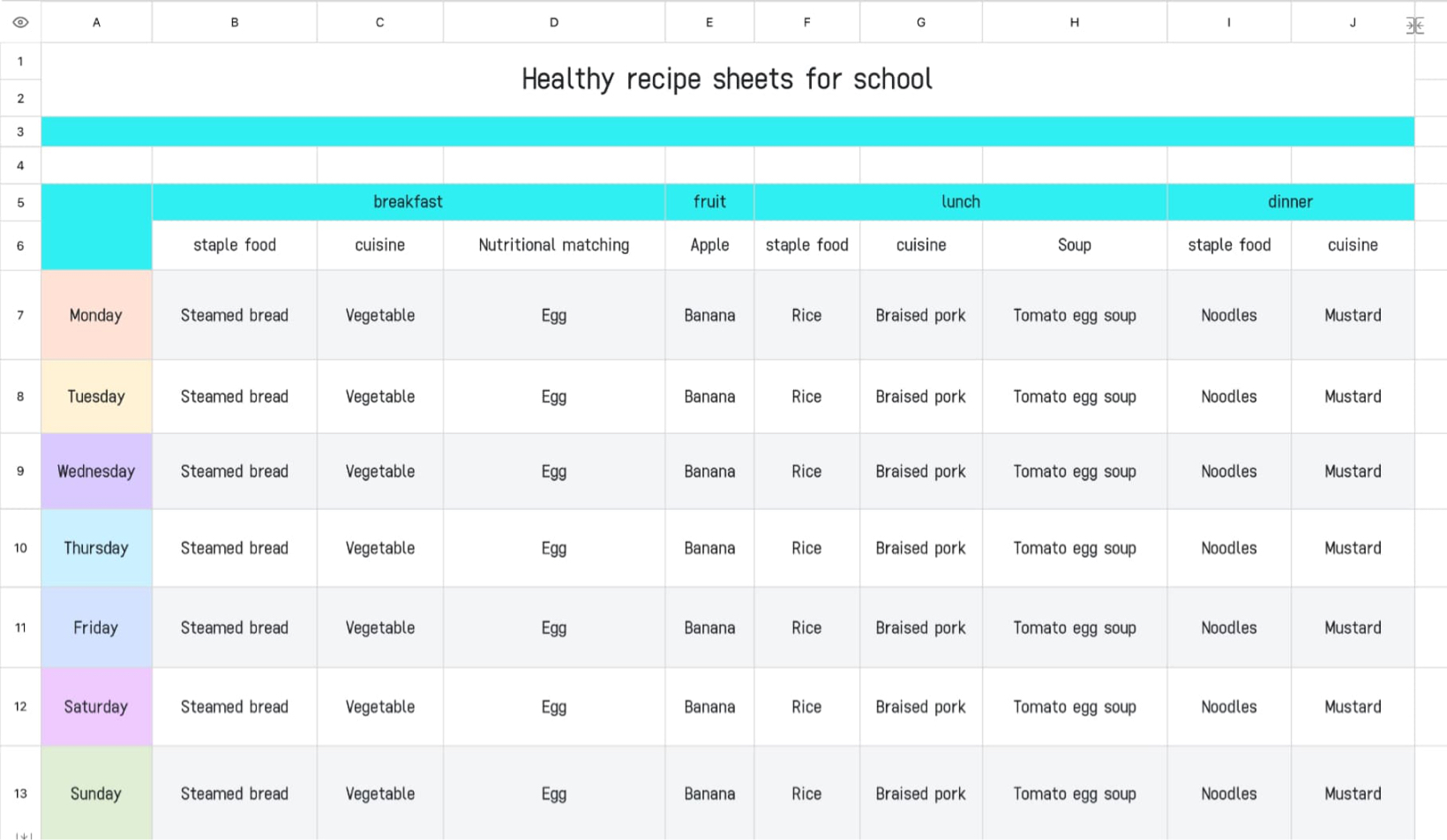 School Health Diet Table